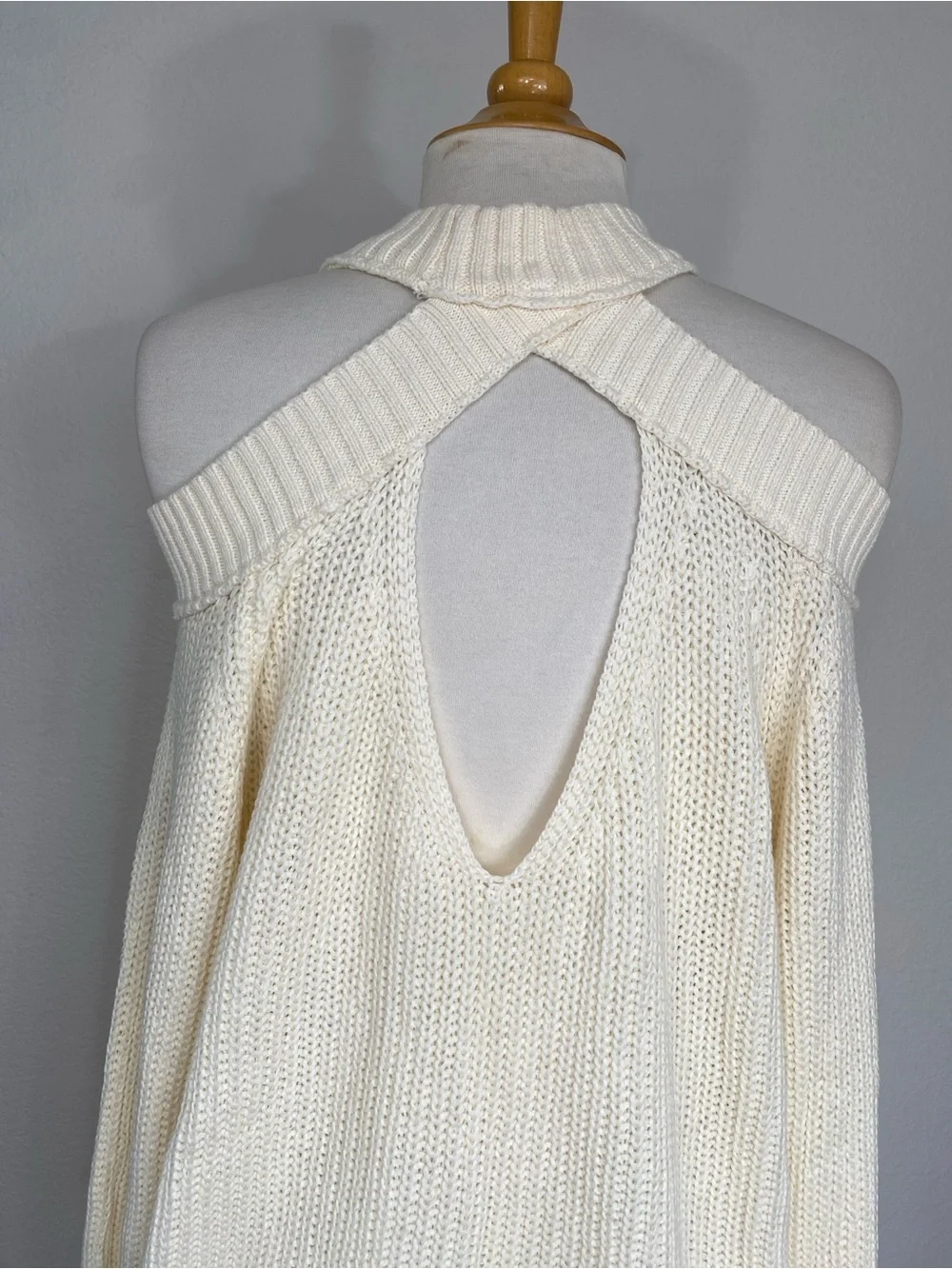 Free People Womens Cream Chunky Knit Ribbed Cutout Turtleneck Sweater Size Large